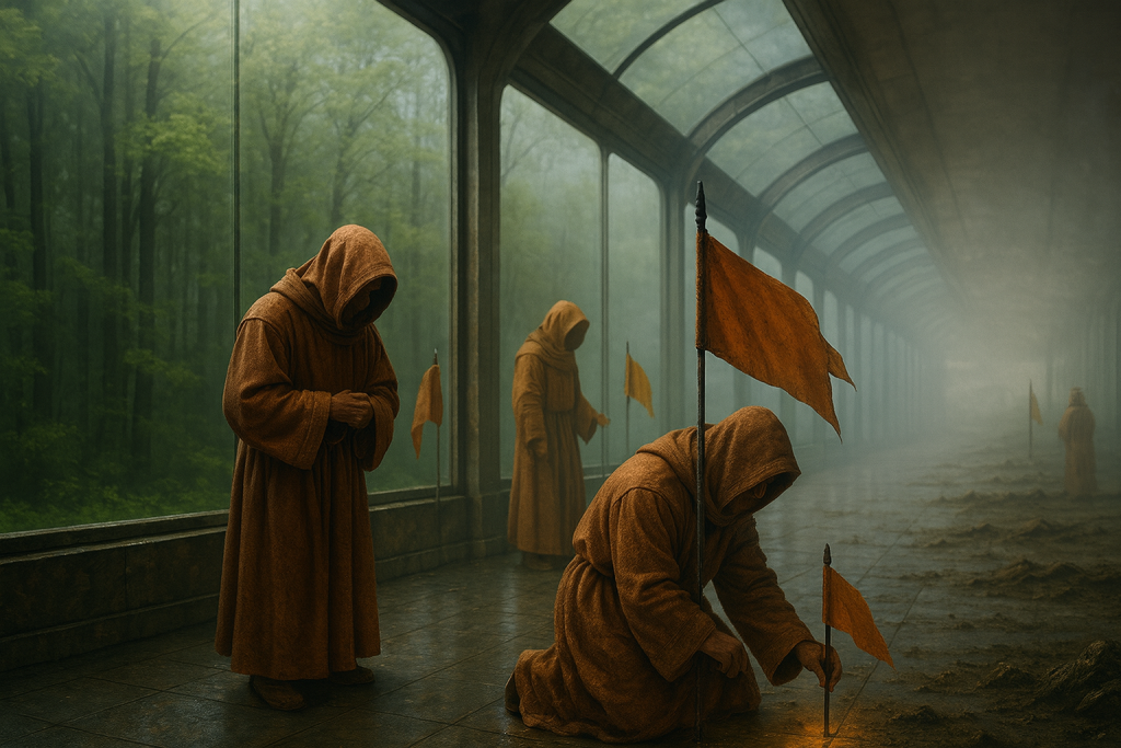 monks in corridor