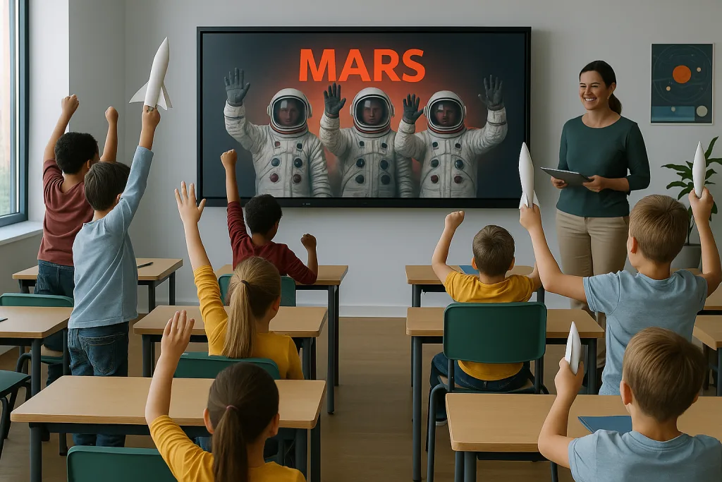 Echoes of the Last Mind, Class celebration of mars expedition launch 