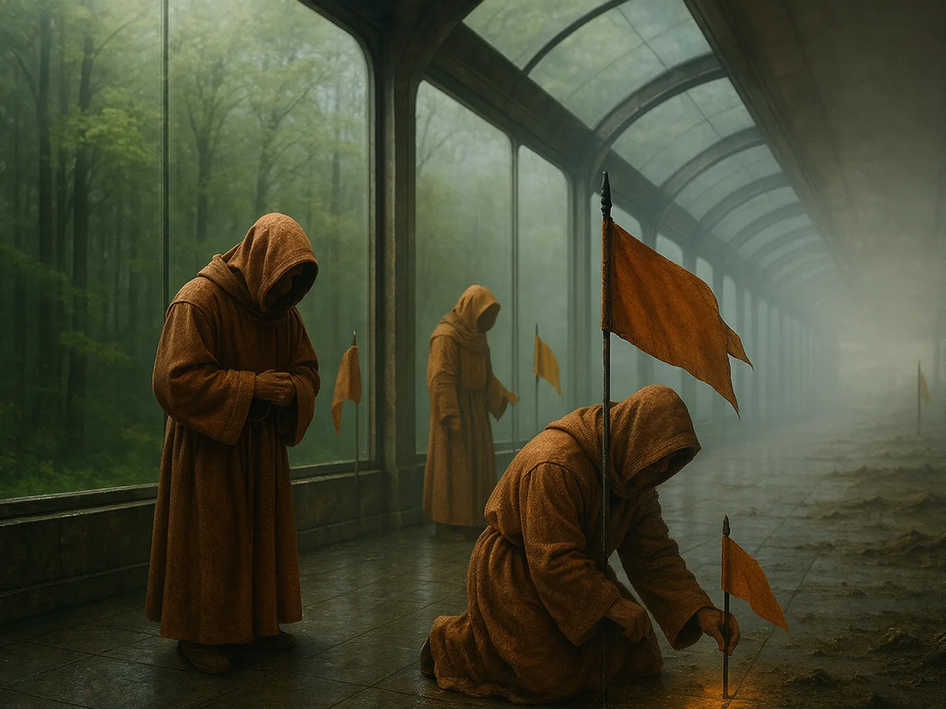 Echoes of the Last Mind, Monks of the Order of Science inside arcology connecting corridor
